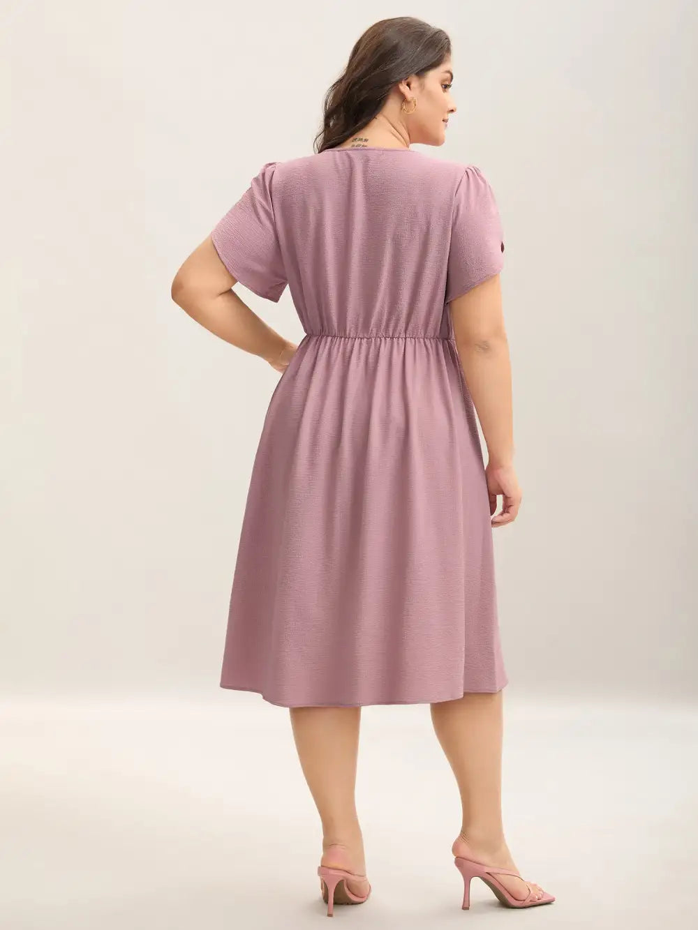 Textured Split Neck Button Plain Midi Dress