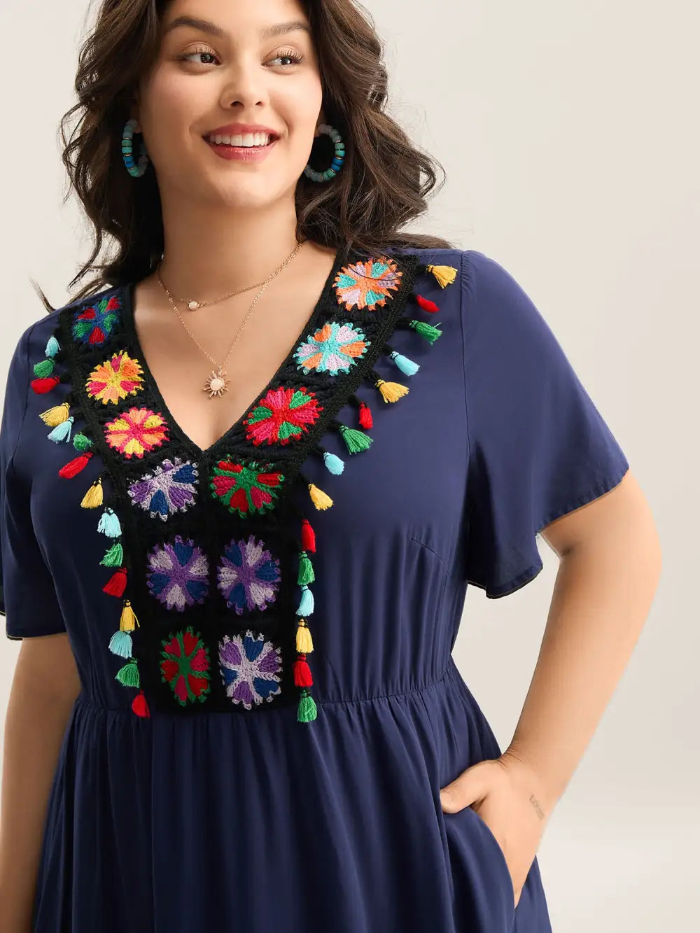 Rayon Colorful Tassels Stretchy Waist Midi Dress