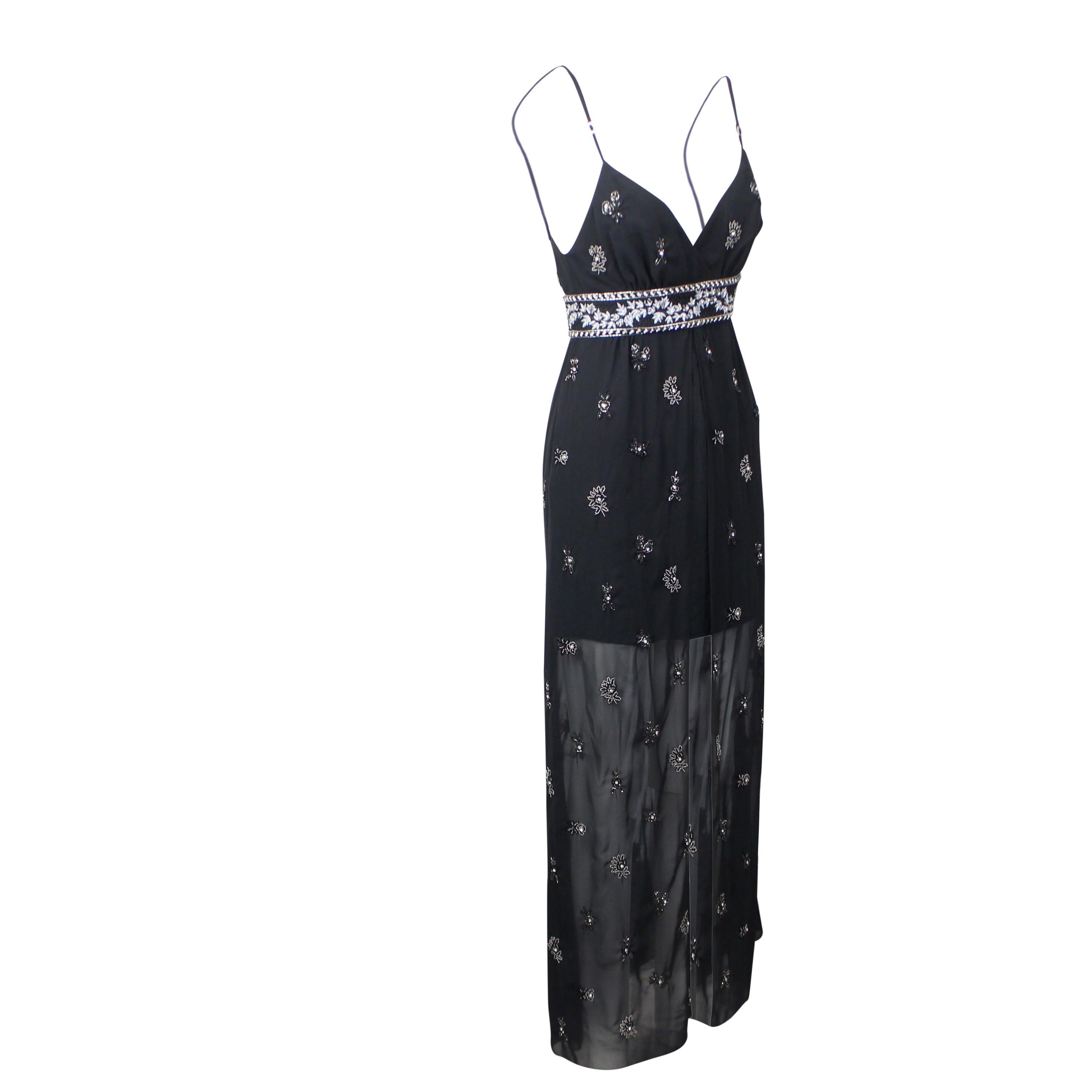 Women's Black Embellished Silk Chiffon Midi Dress