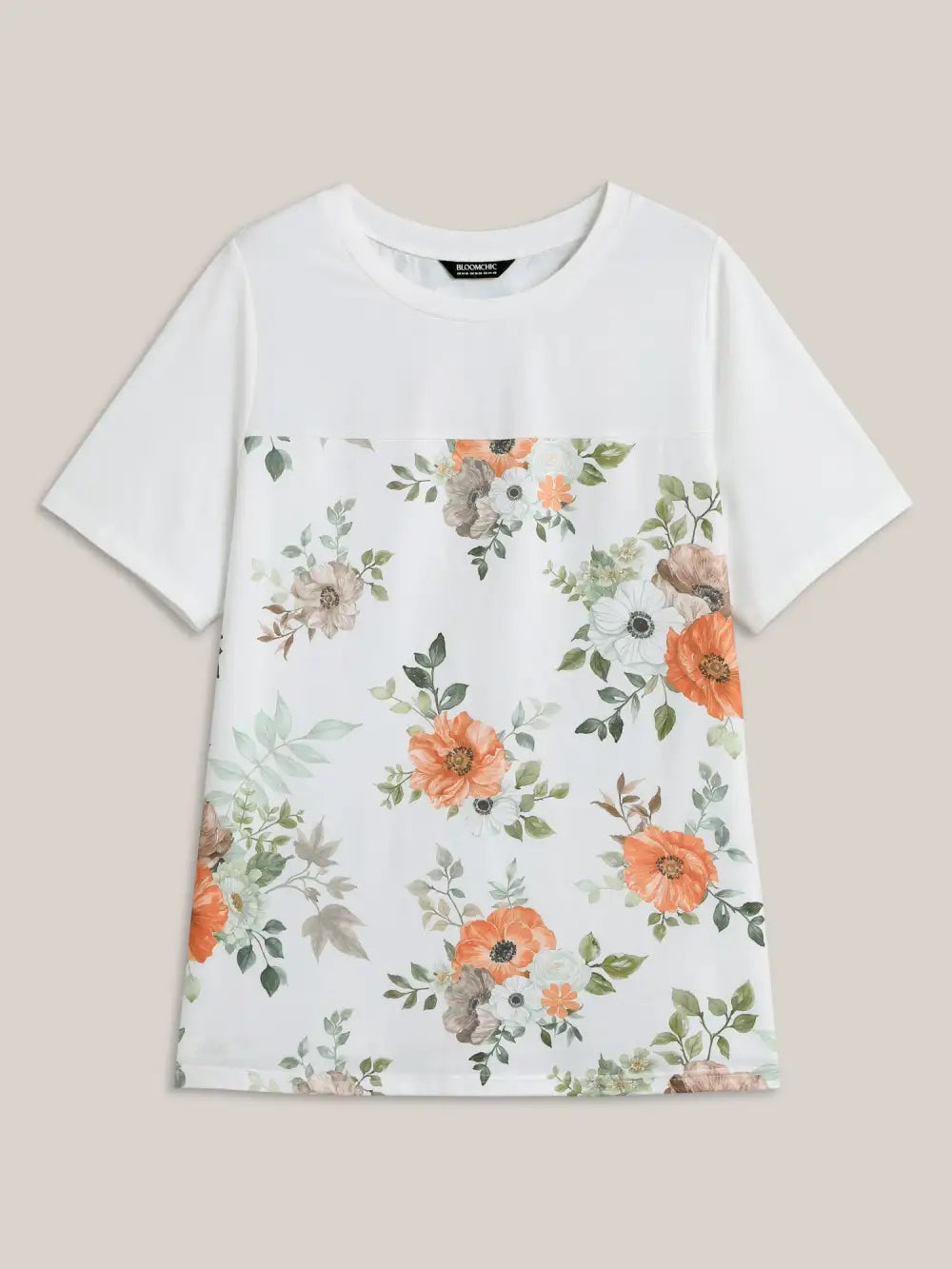 Floral Print Spliced Stretchy T-Shirt