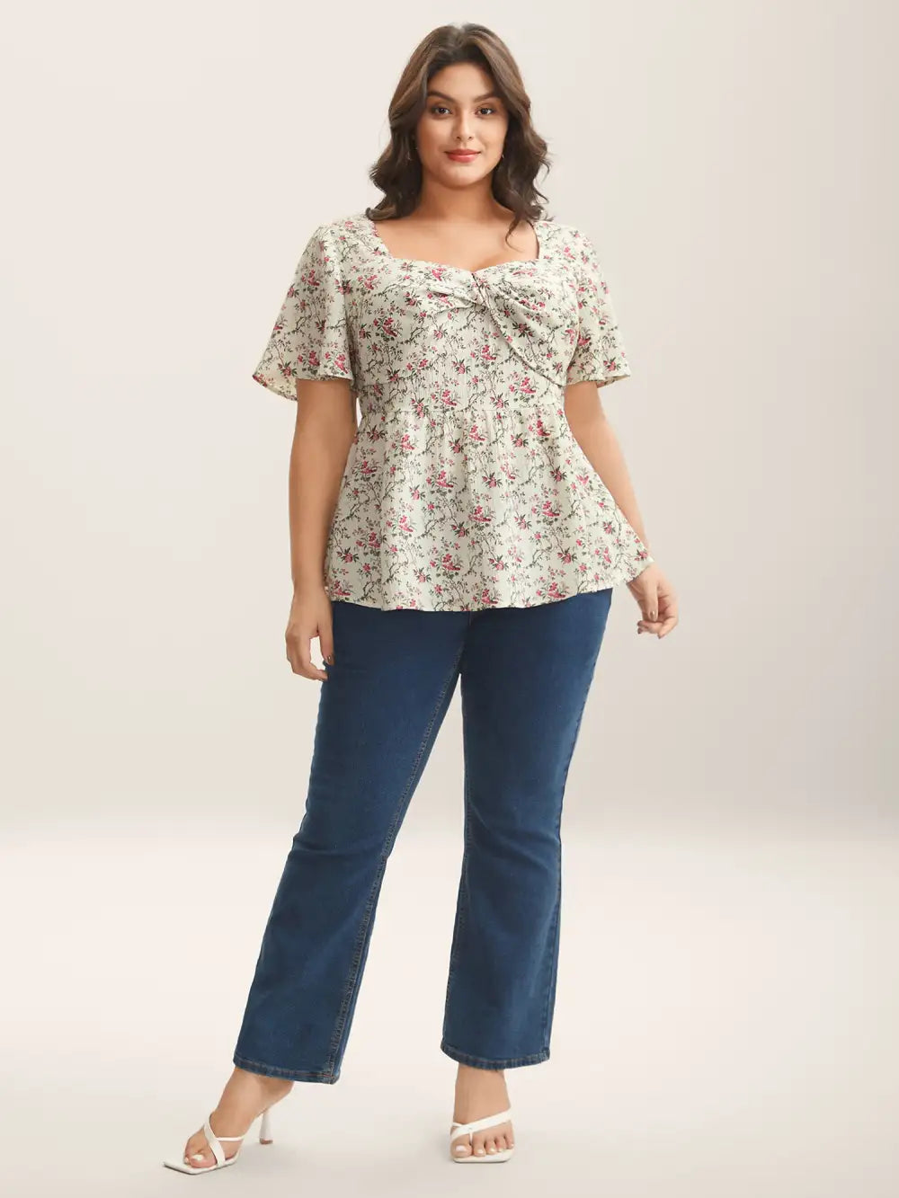 Knotted Floral Print Flared Sleeve Blouse
