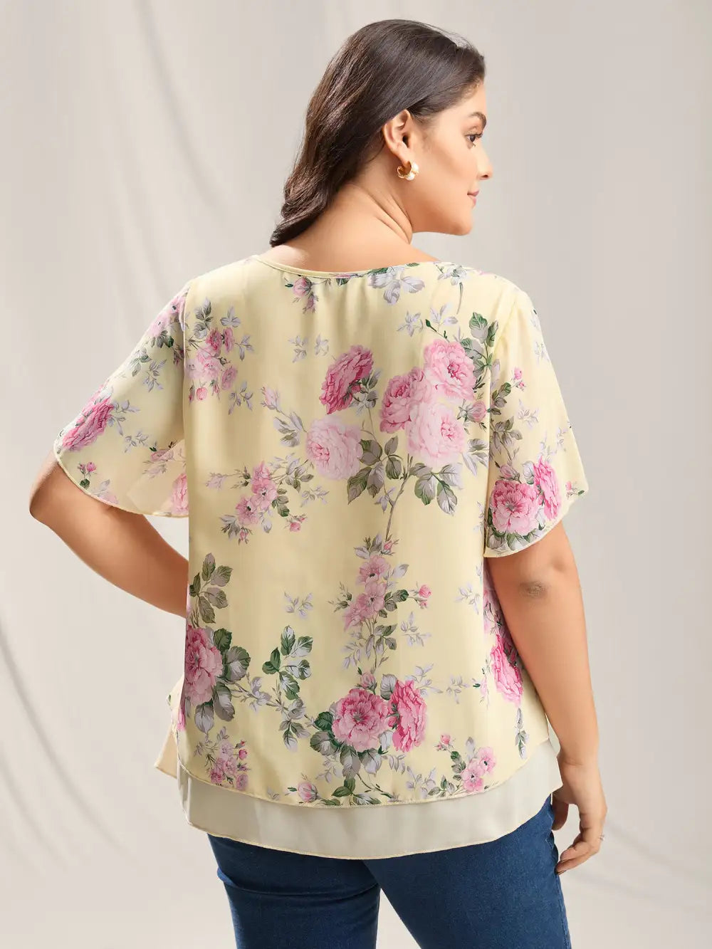 Large Flower Print Layered Hem Blouse