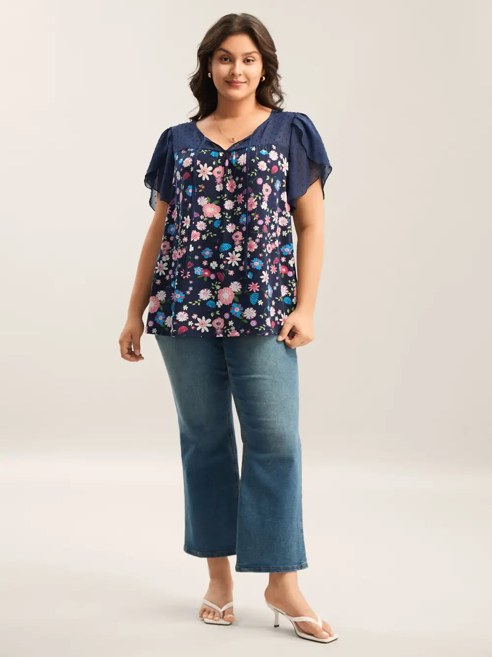Floral Print Petal Sleeves Spliced Top