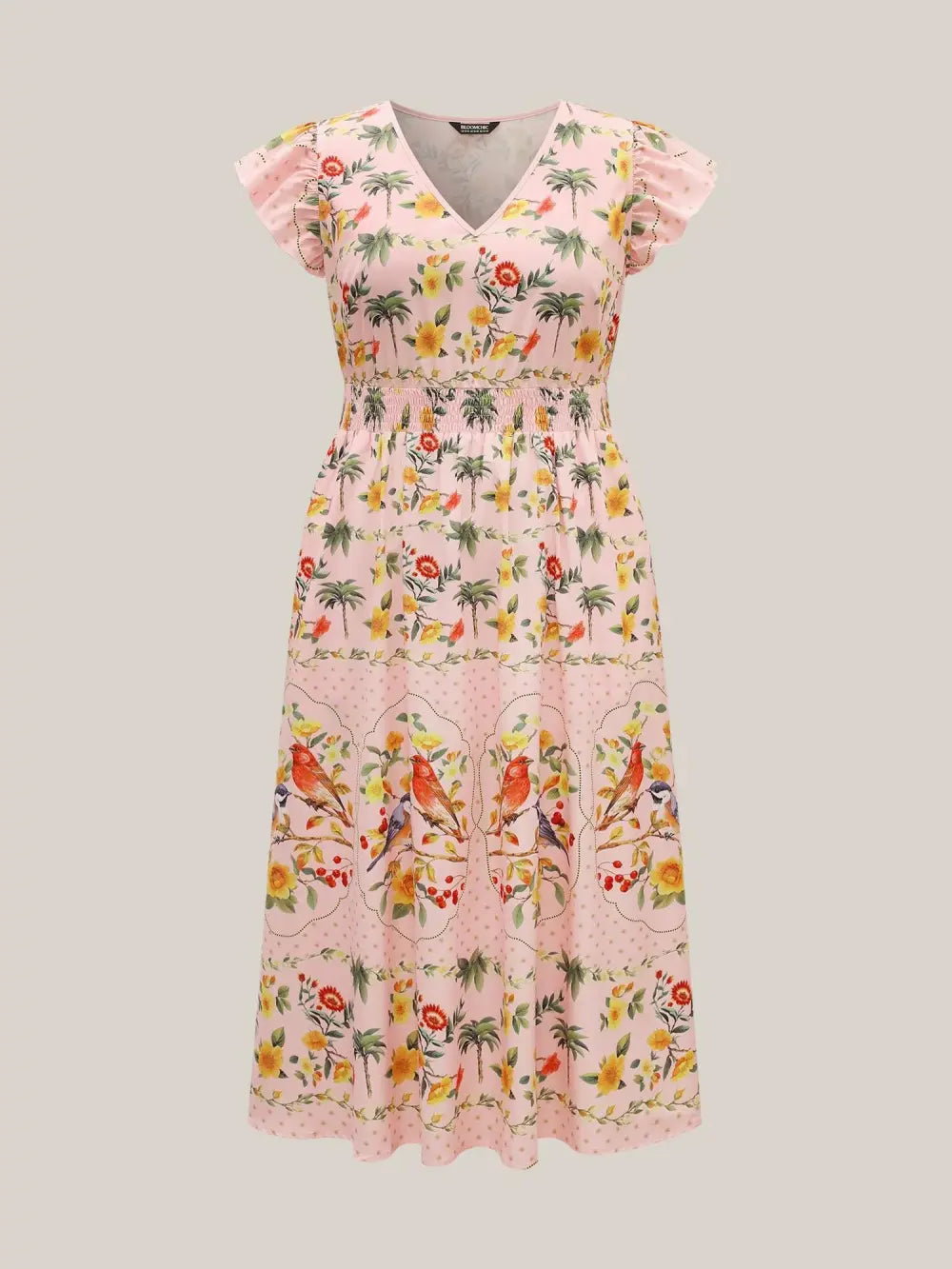 Tropical Print Shirred Waist Flutter Maxi Dress