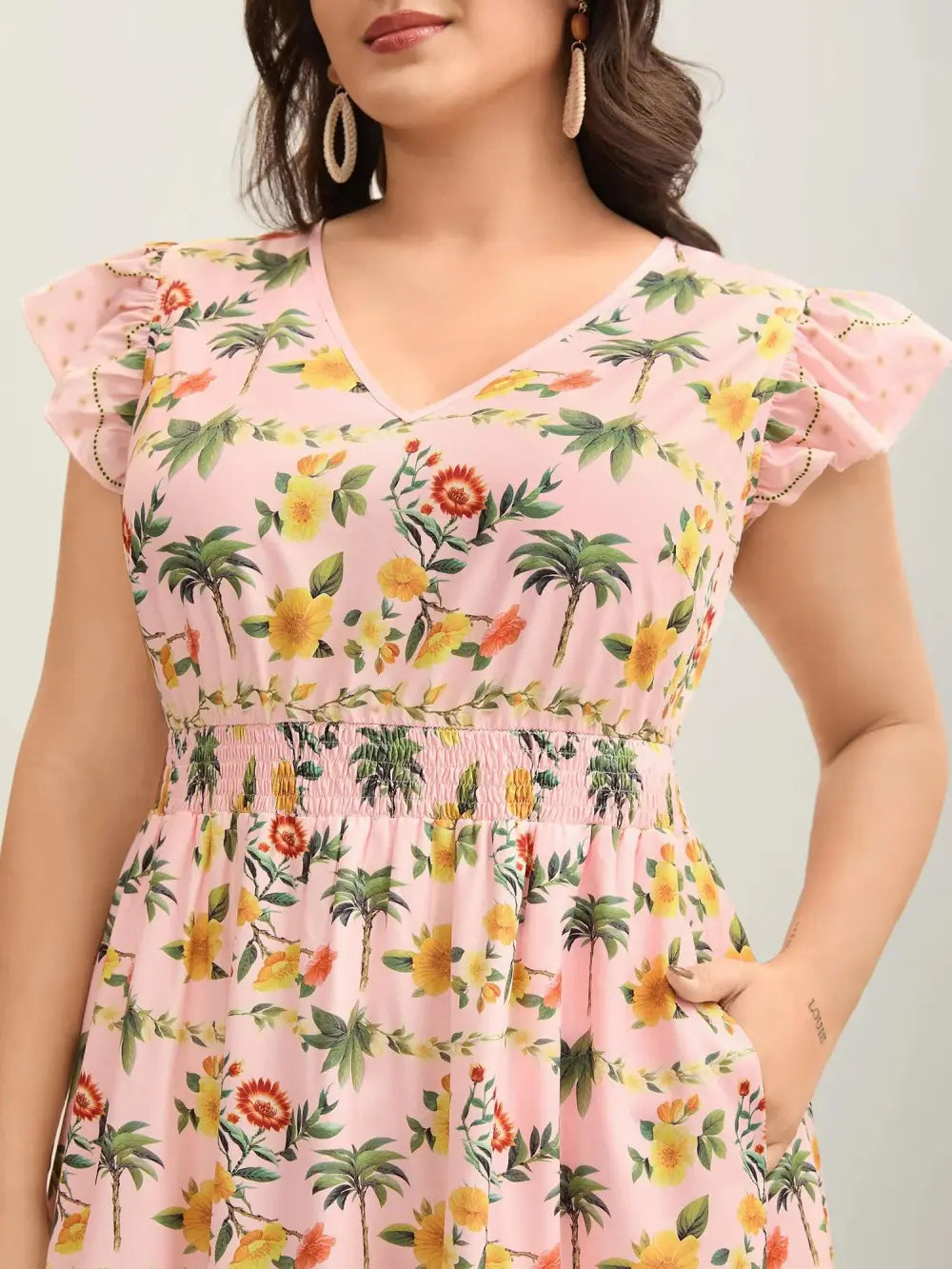 Tropical Print Shirred Waist Flutter Maxi Dress