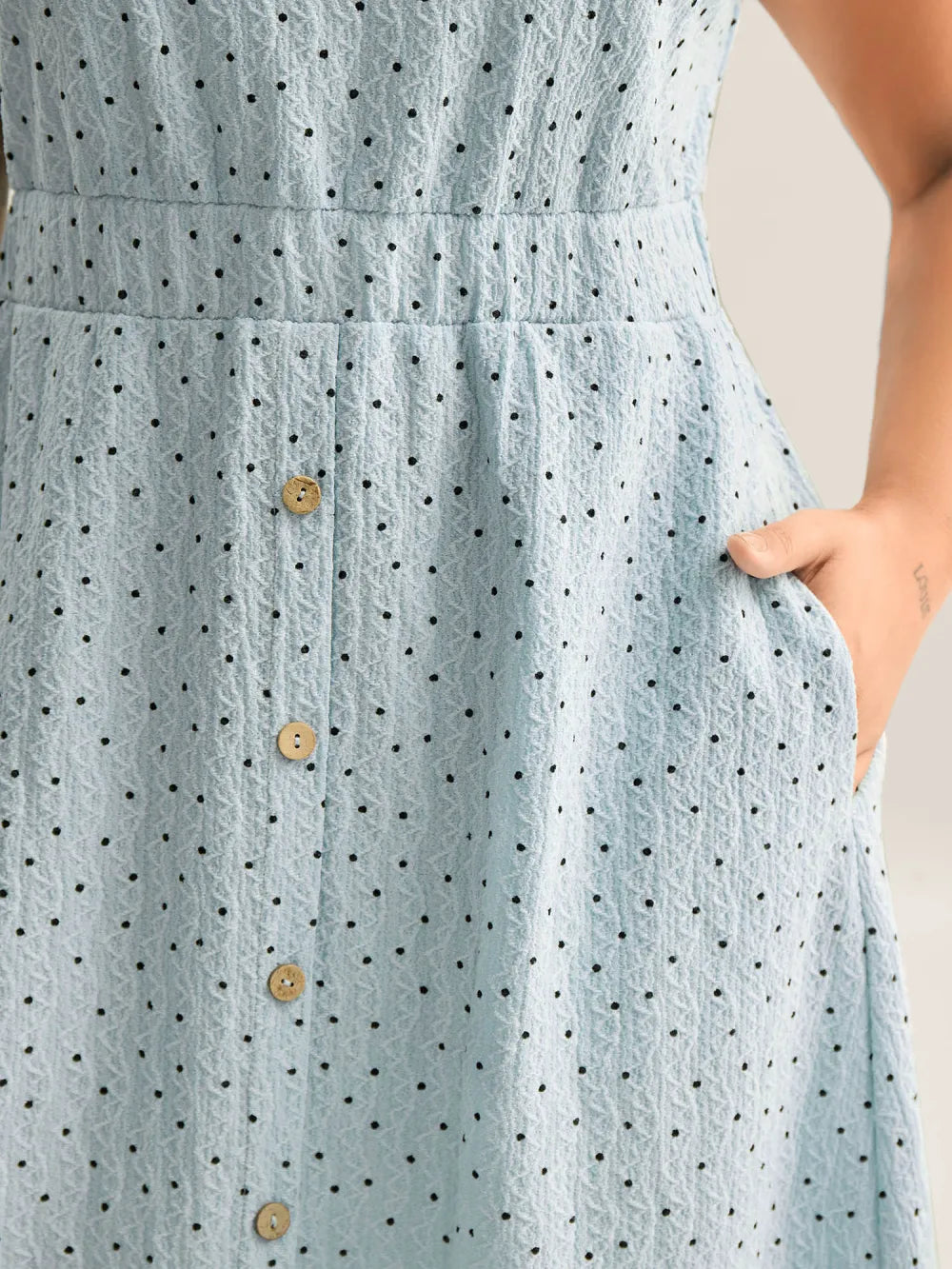 Textured Dot Print Button Detail Midi Dress