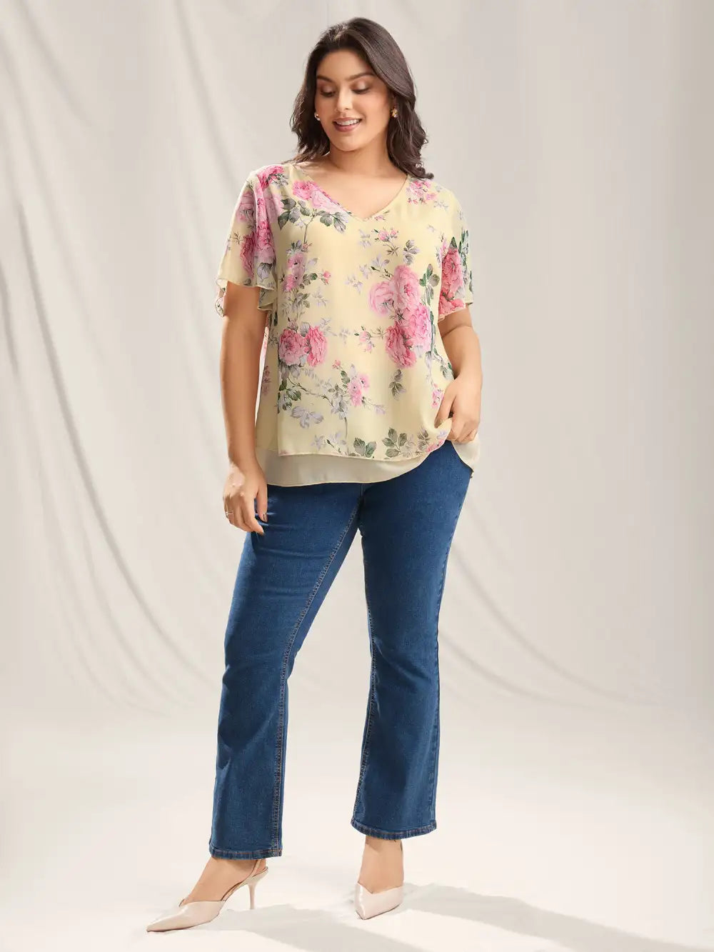 Large Flower Print Layered Hem Blouse