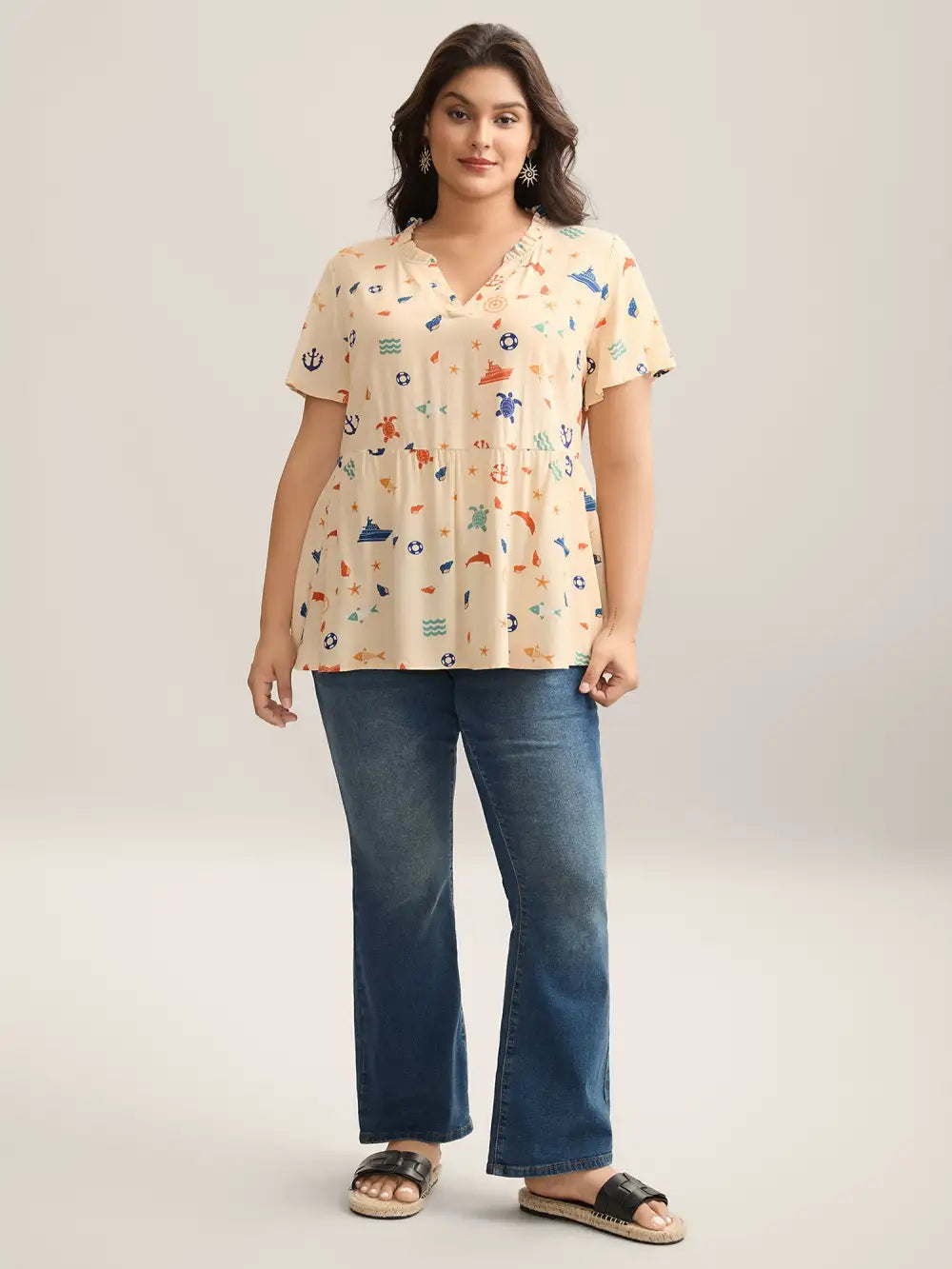 Whimsical Print Stretchy Waist Rayon Blouse