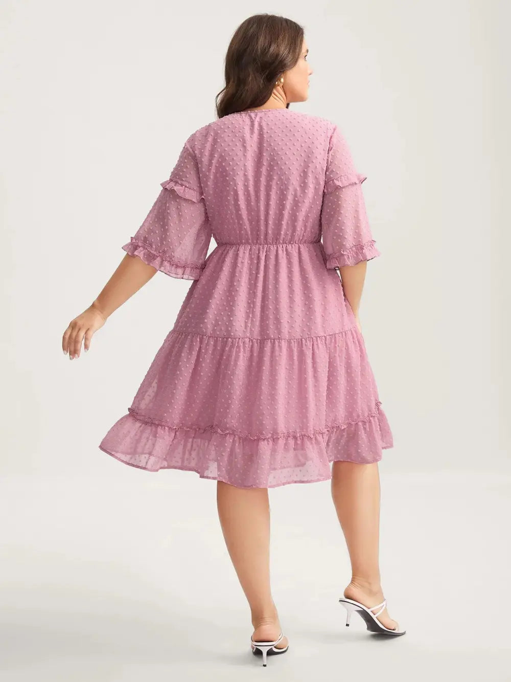 Textured Ruffled Trim Surplice Midi Dress