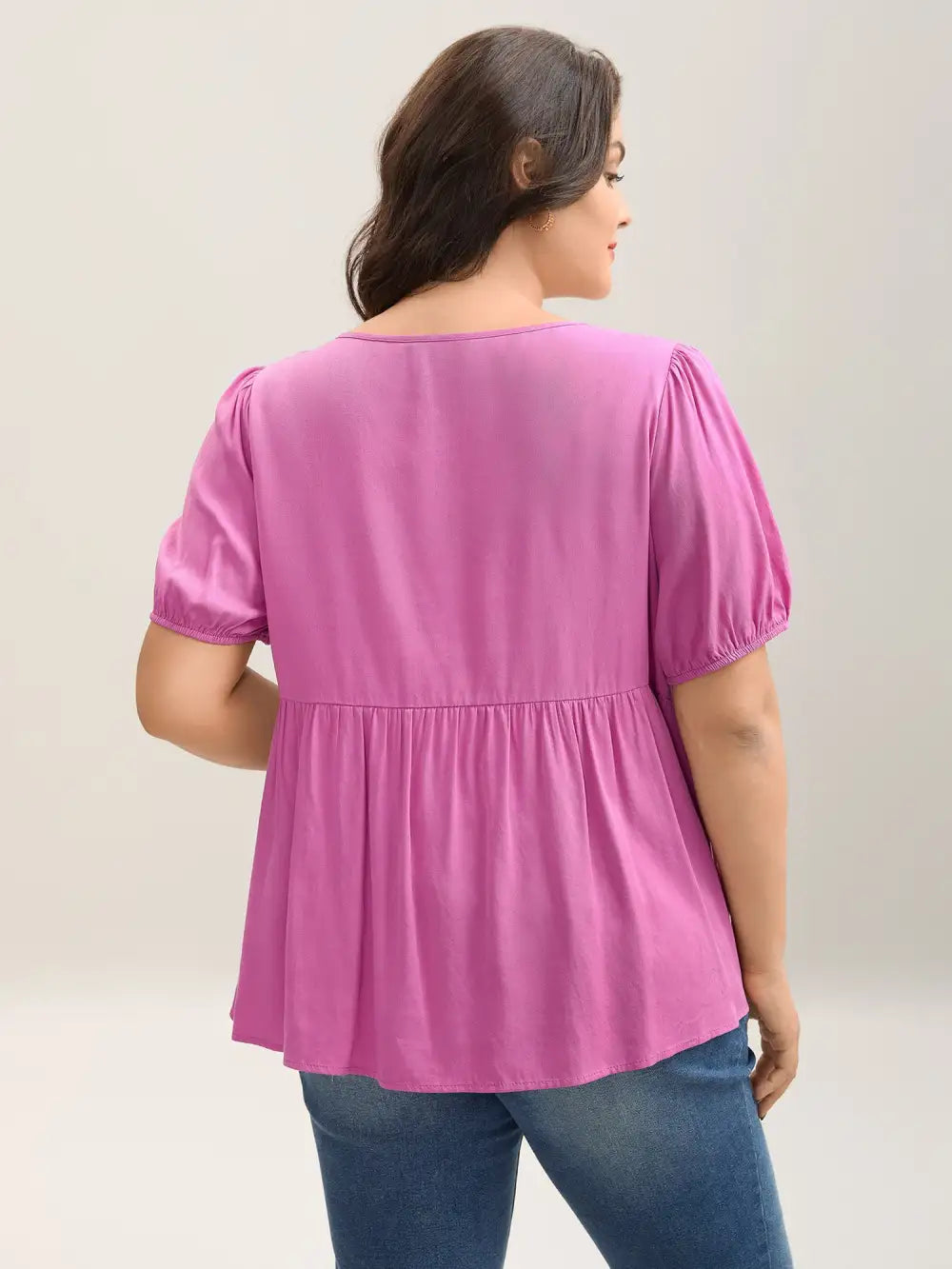Bow Detail Plain Babydoll Puff Sleeve Shirt