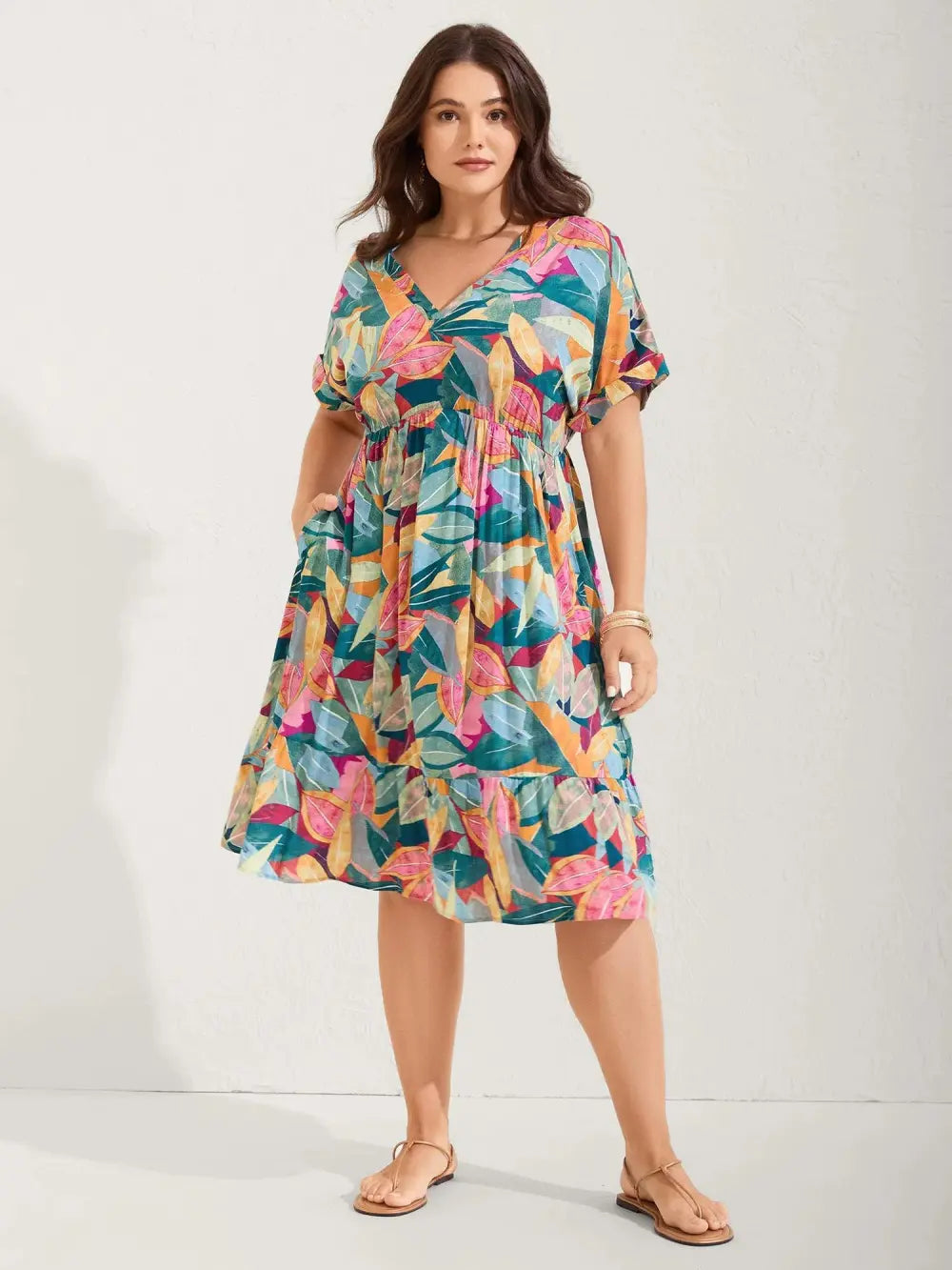 Rayon Leafy Print Pockets Midi Dress