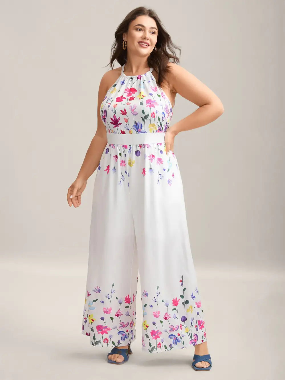 Floral Dance Halter Neck Wide-Leg Jumpsuit