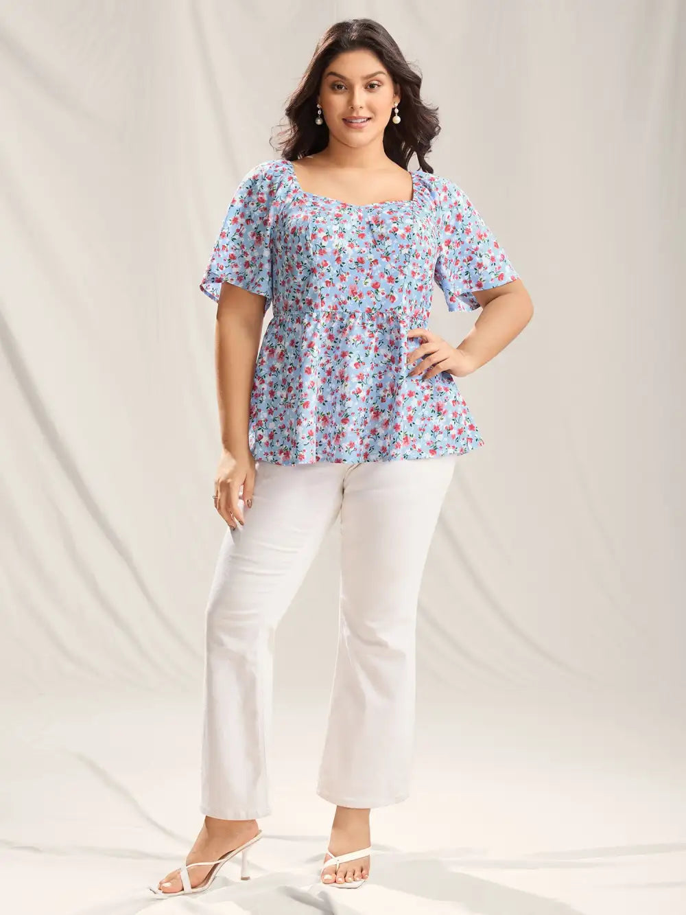 Floral Print Sweetheart Cinched-Waist Blouse
