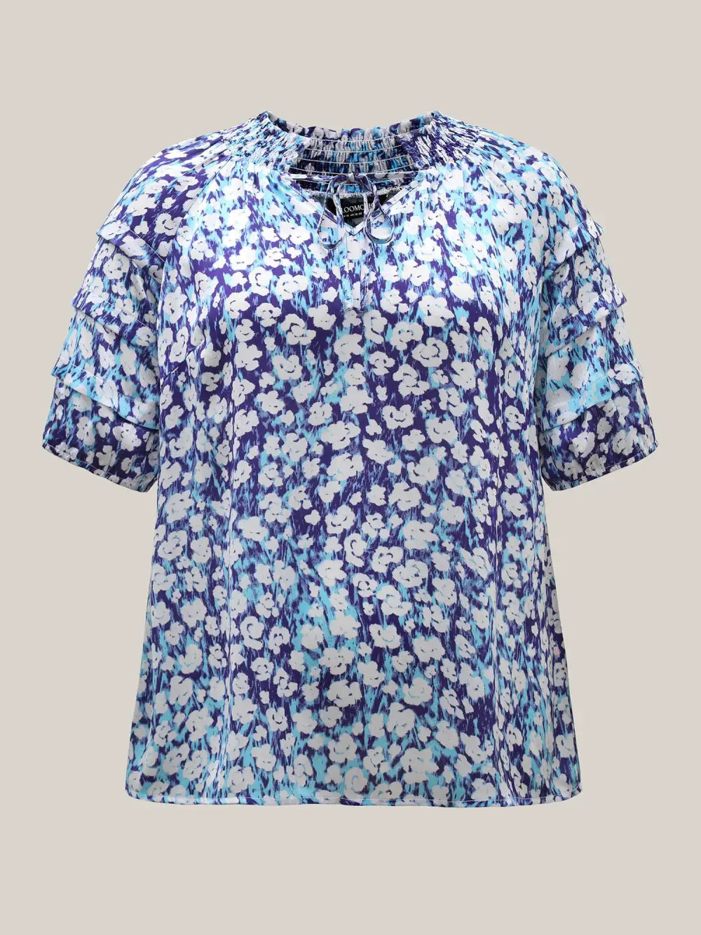 Cloud Print Shirred Collar Tiered Sleeve Blouse