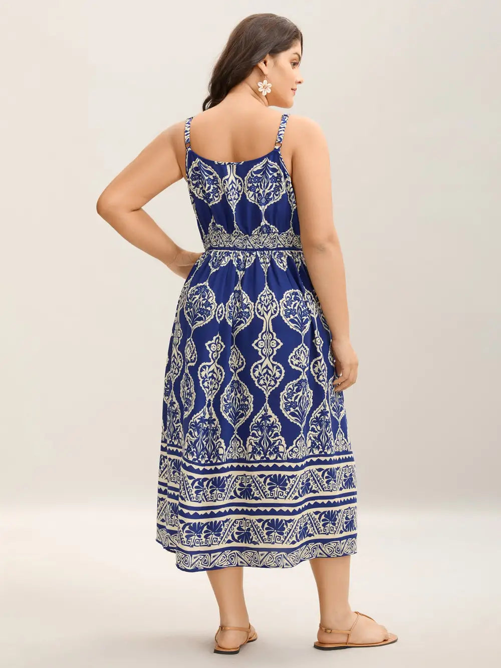 Boho Print Shirred Pockets Midi Dress