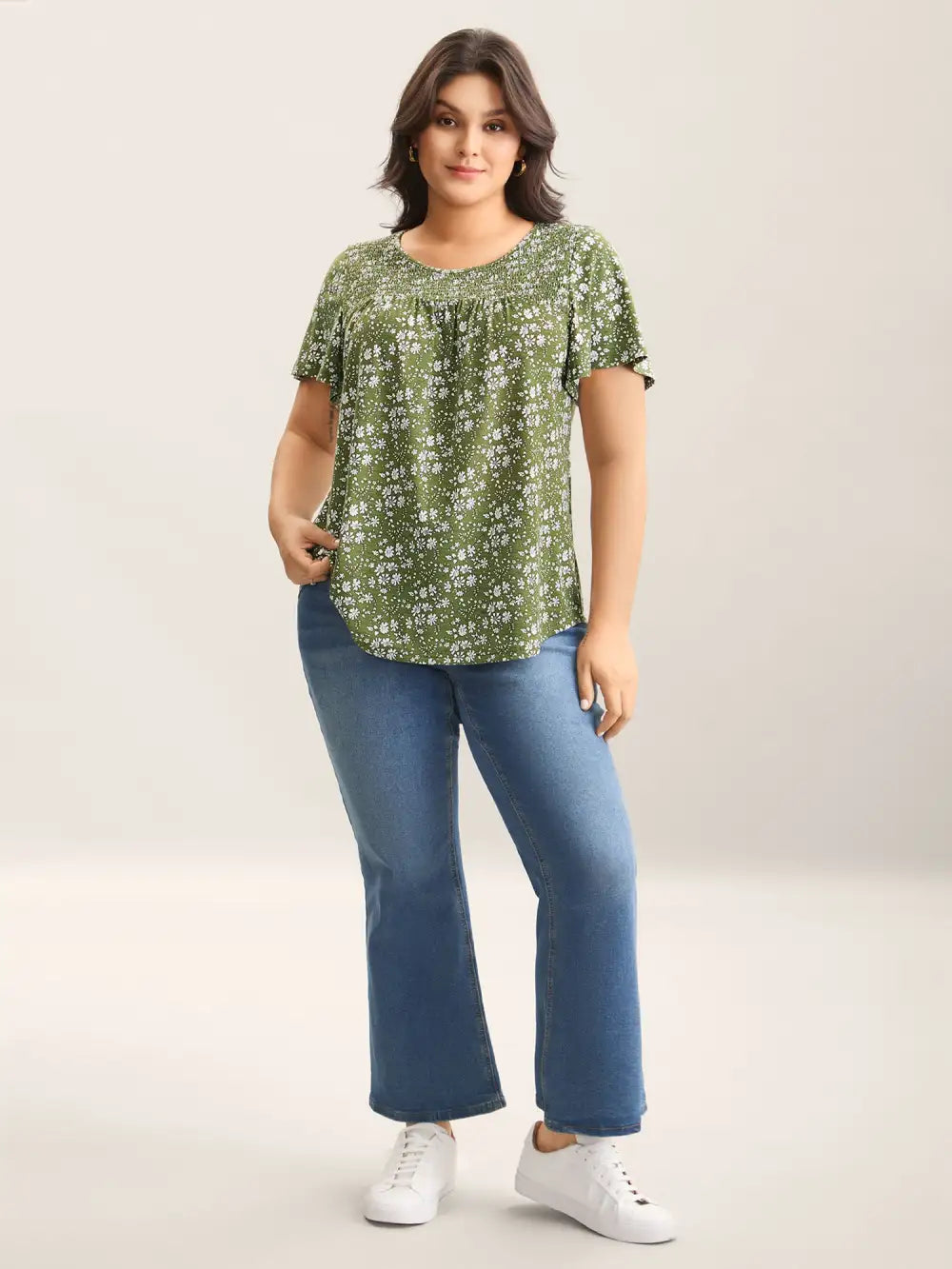 Floral Print Shirred Neck T-Shirt