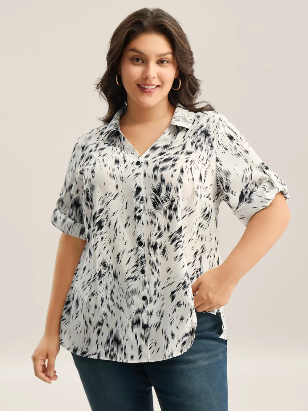Zebra Print Tab Sleeve Shirt Collar Blouse