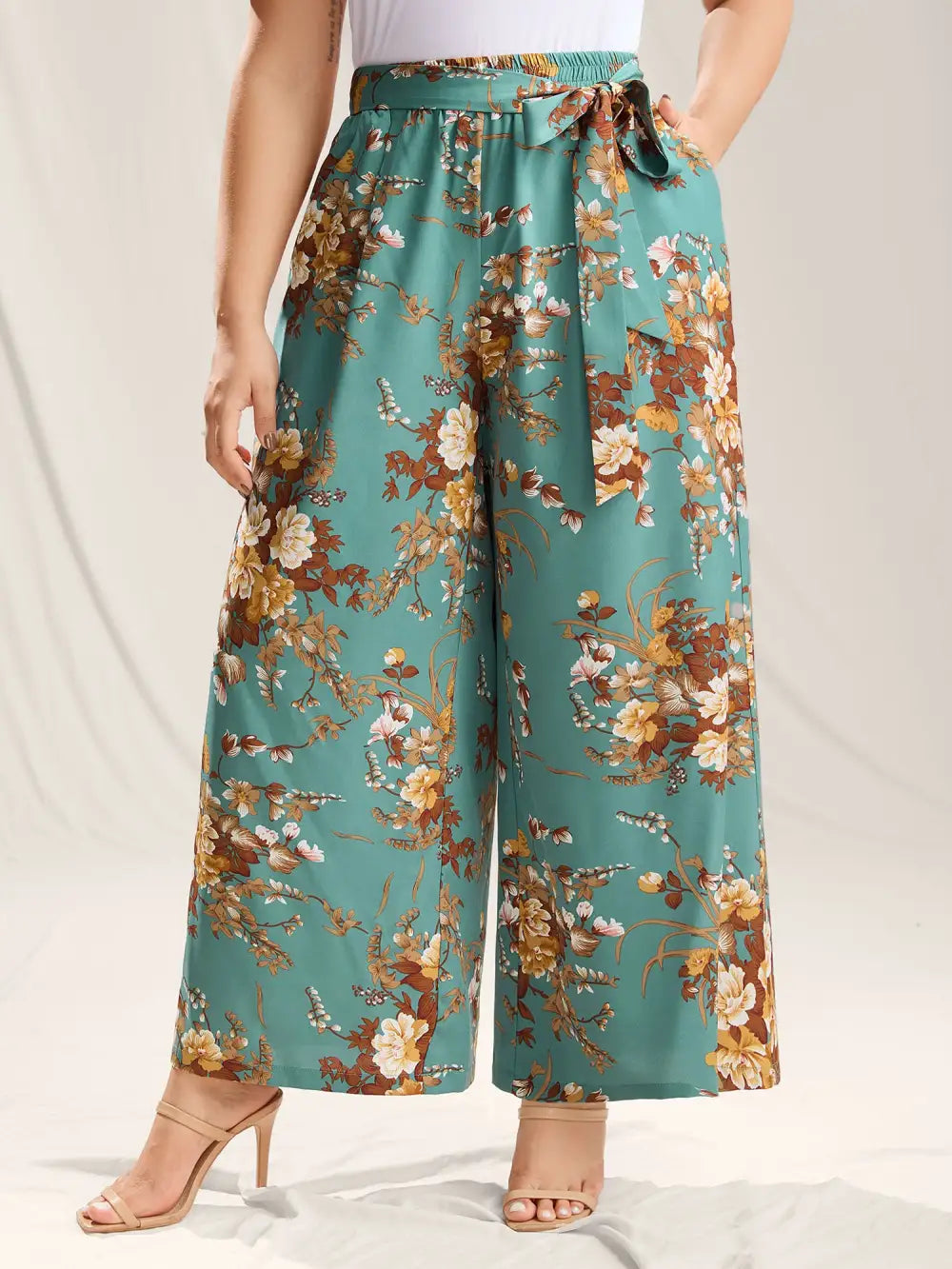 Sweet Floral Print Belted Wide-Leg Pants