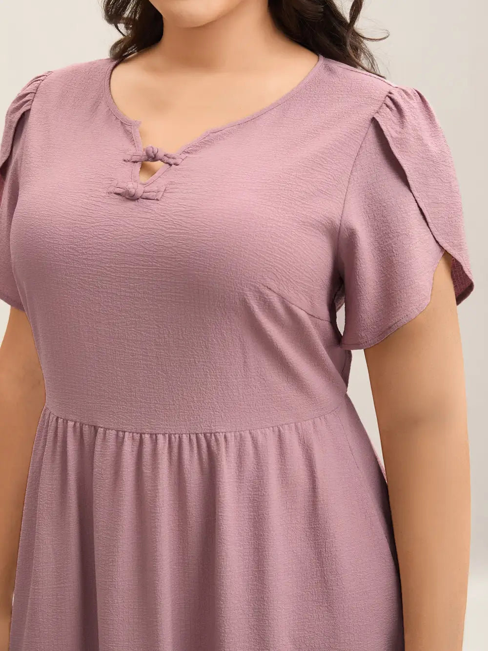 Textured Split Neck Button Plain Midi Dress
