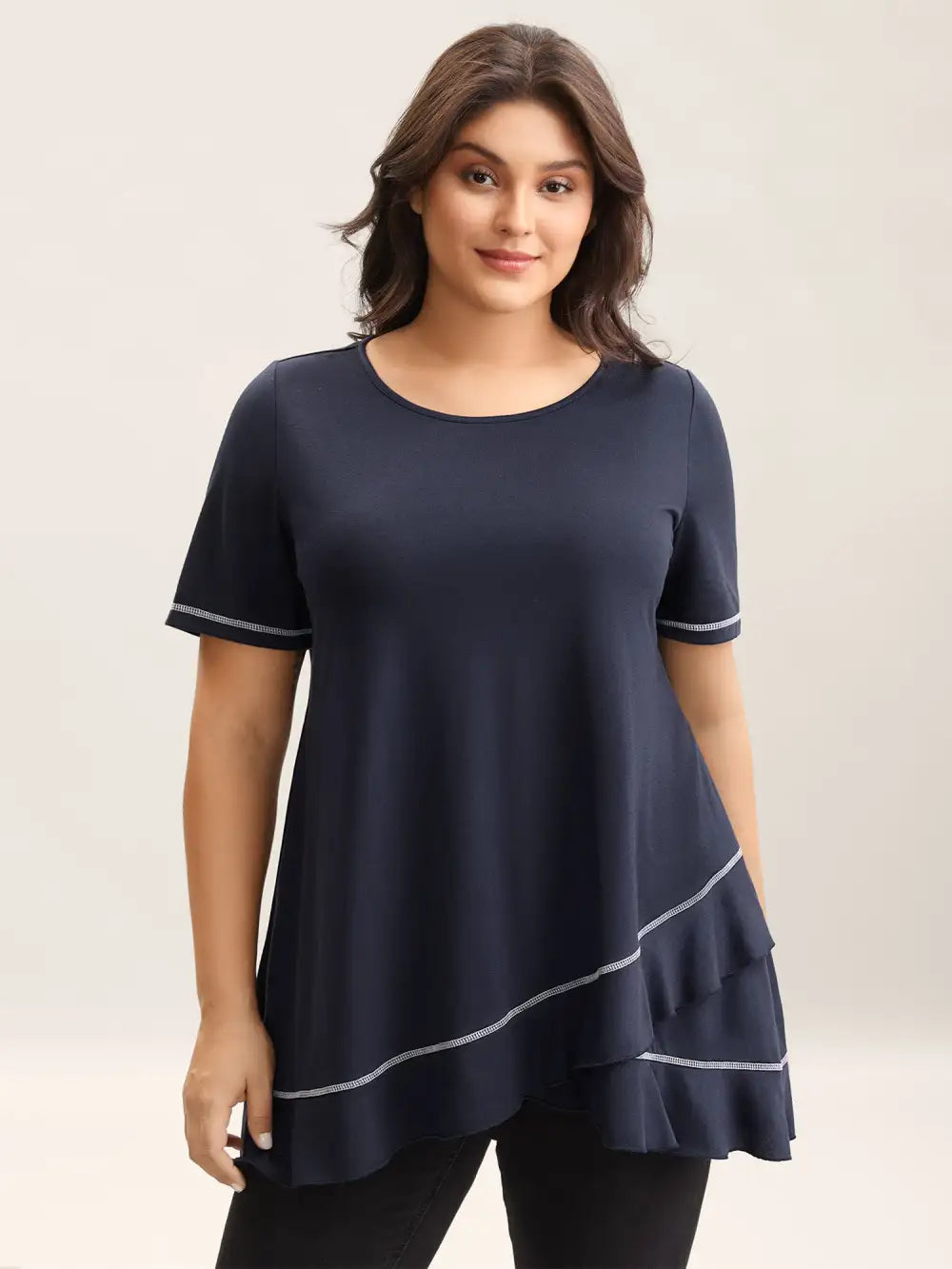 Overlap Hem Round Neck T-Shirt