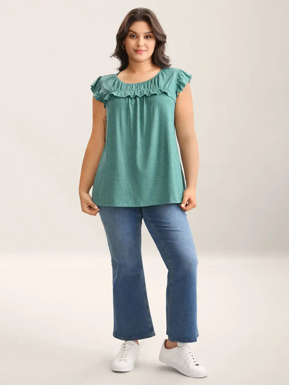 Pleated Neckline Flutter Sleeve Tank Top