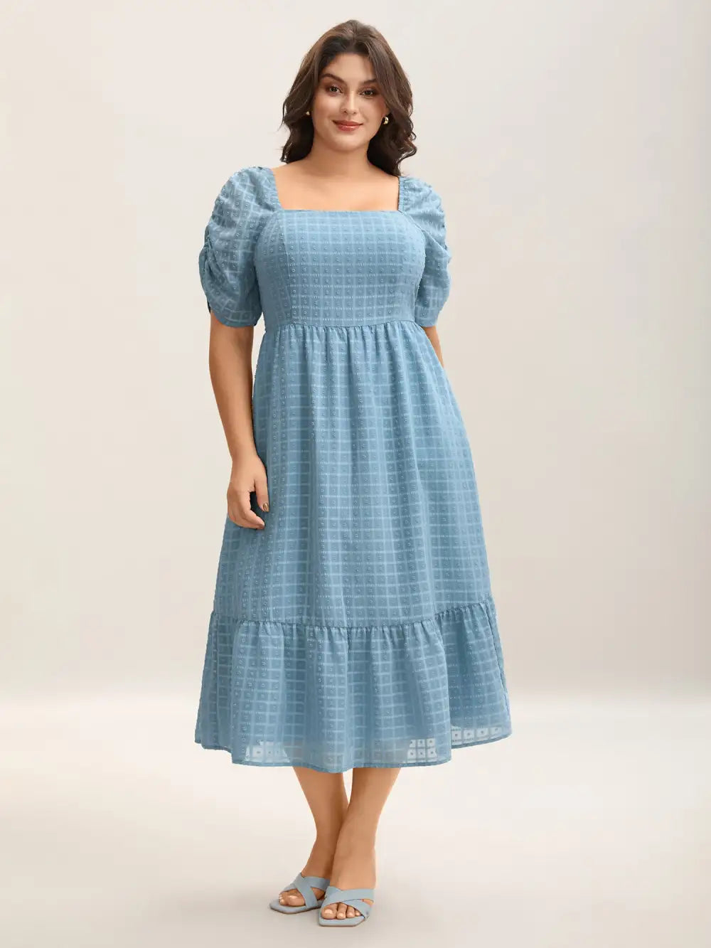 Textured Ruched Sleeve Tiered Midi Dress