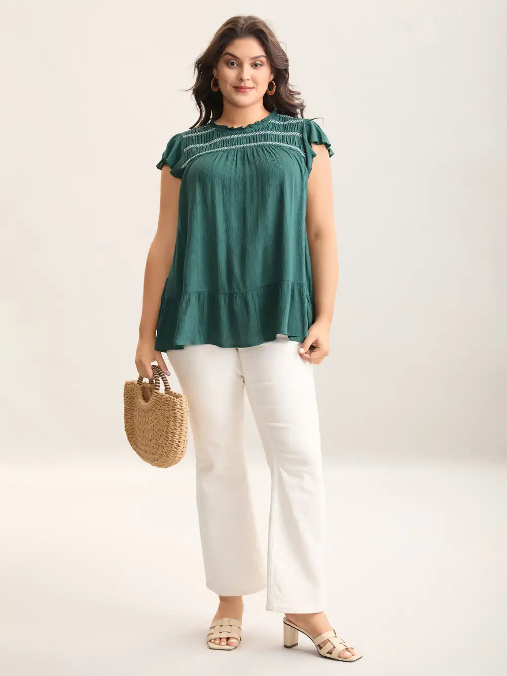 Rayon Shirred Neck Flutter Sleeve Tiered Blouse