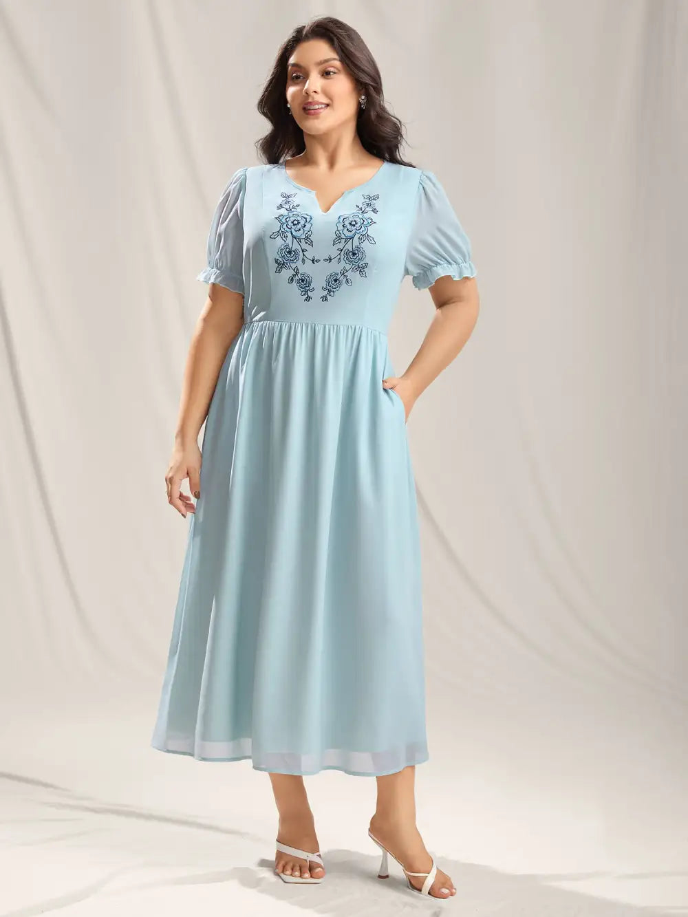 Embroidered Sheer Chiffon Pockets Midi Dress