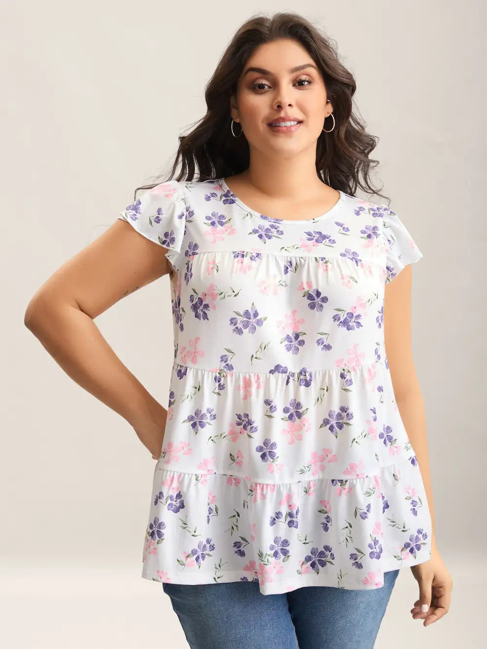 Floral Print Flutter Sleeve Layered T-Shirt