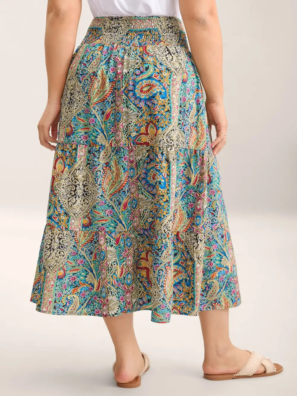 Paisley Print Shirred Waist Midi Skirt