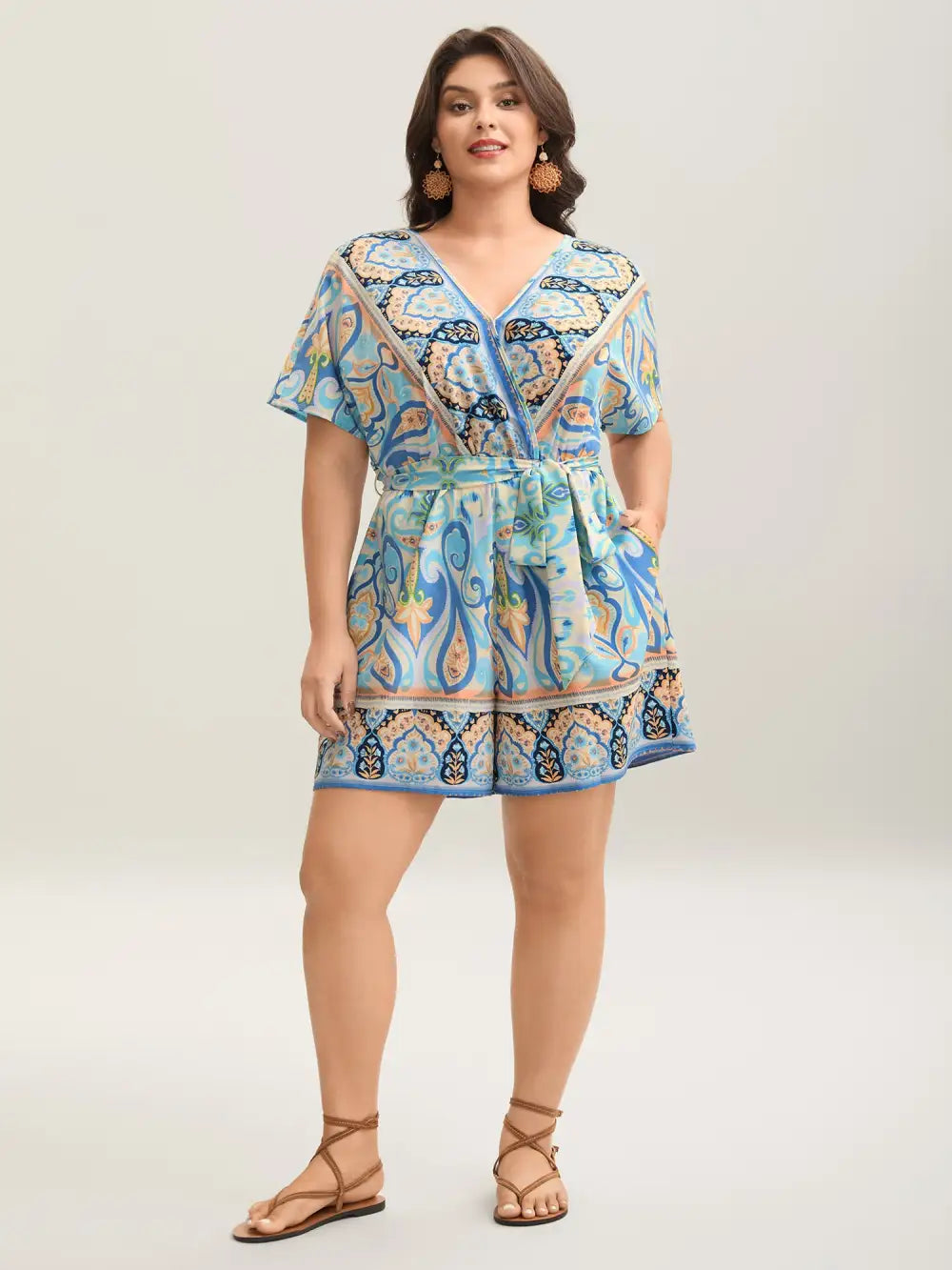 Boho Print Tie-Waist Pockets Romper