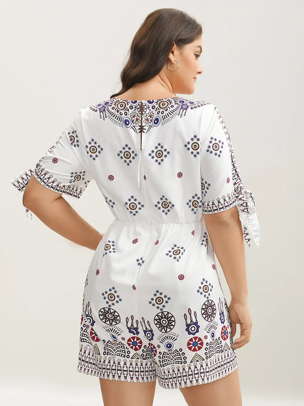 Boho Print Tie-Sleeve Pockets Romper