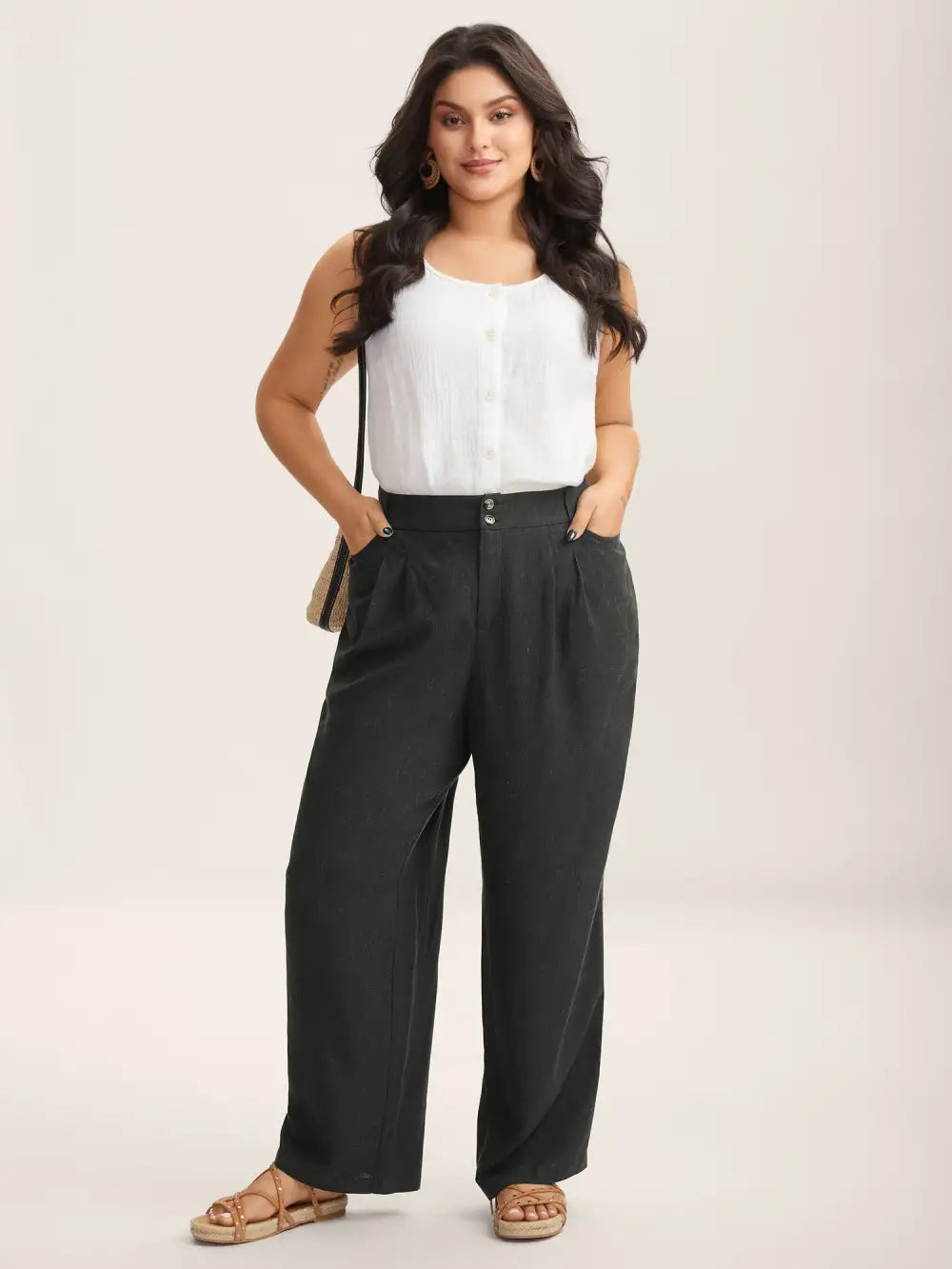 Heather Pleated Straight-Leg Pants