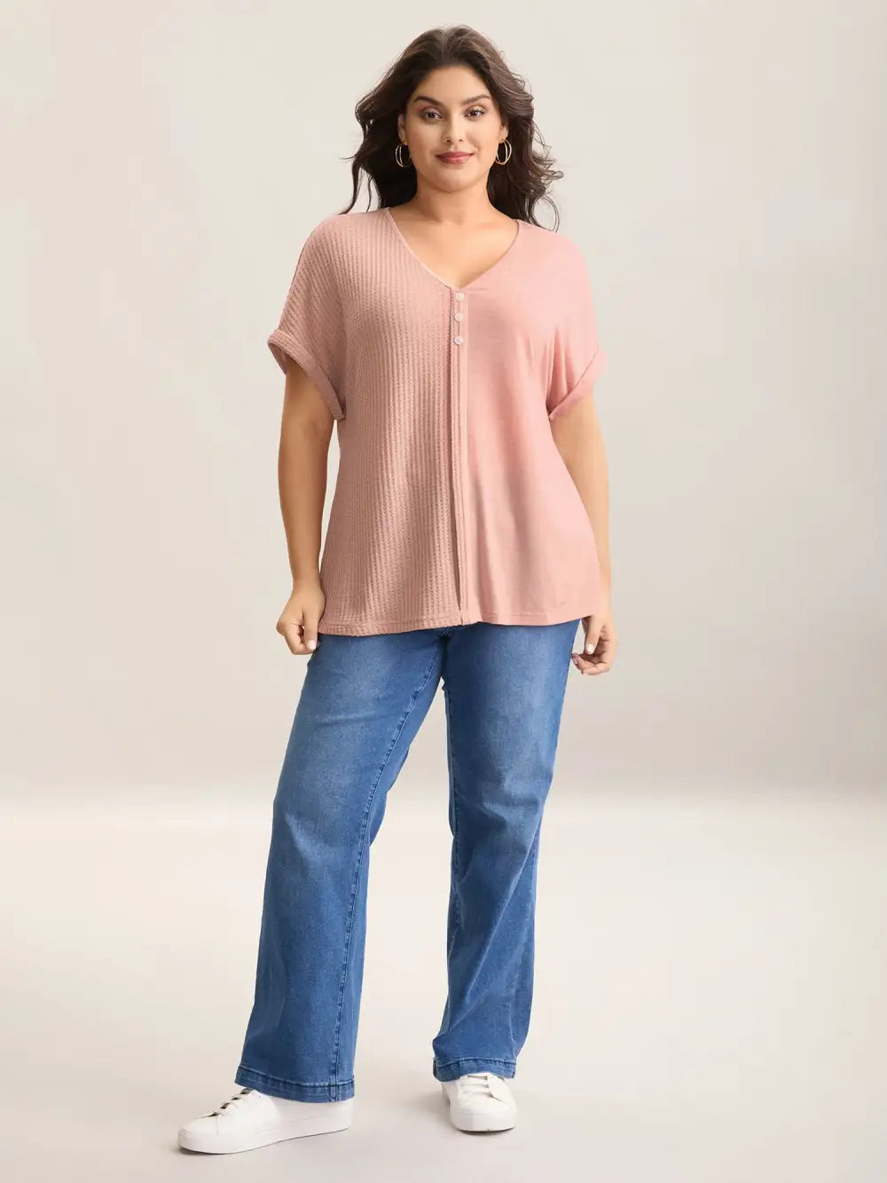 Textured Button Detail Spliced T-Shirt
