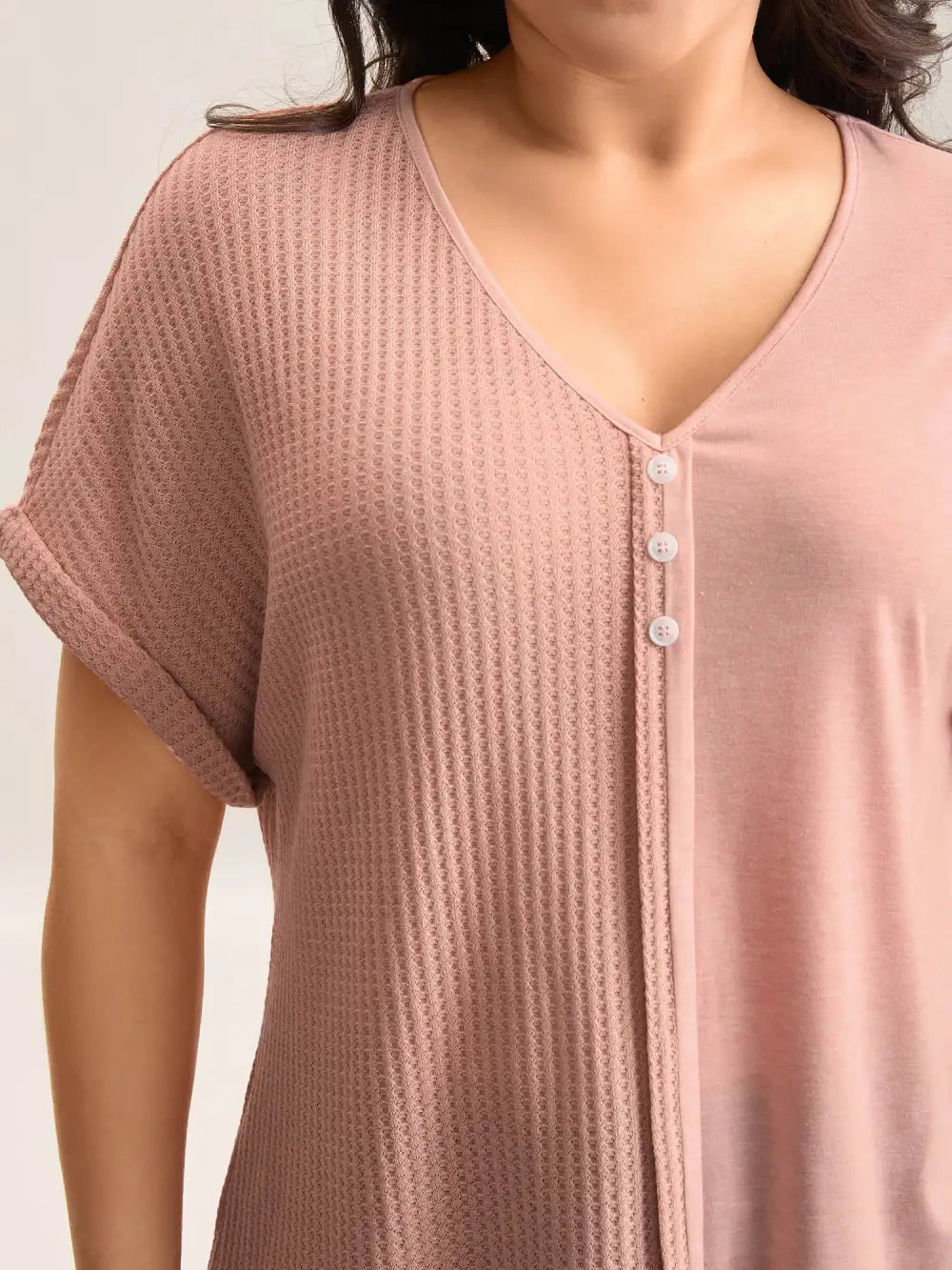 Textured Button Detail Spliced T-Shirt