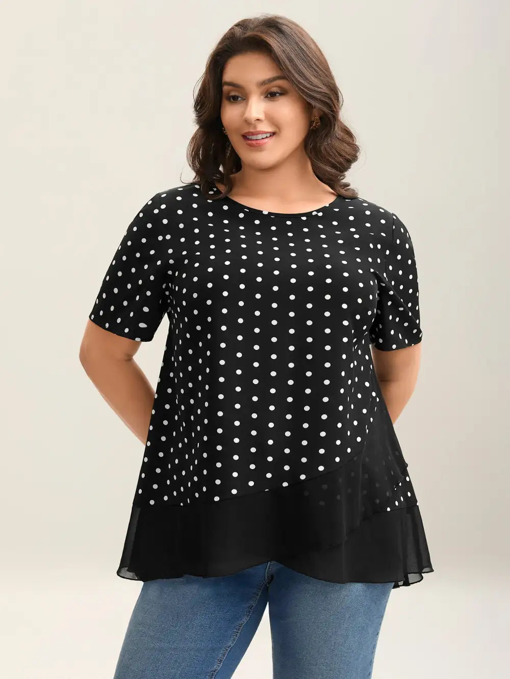Polka Dots Spliced Ruffled Hem Shirt