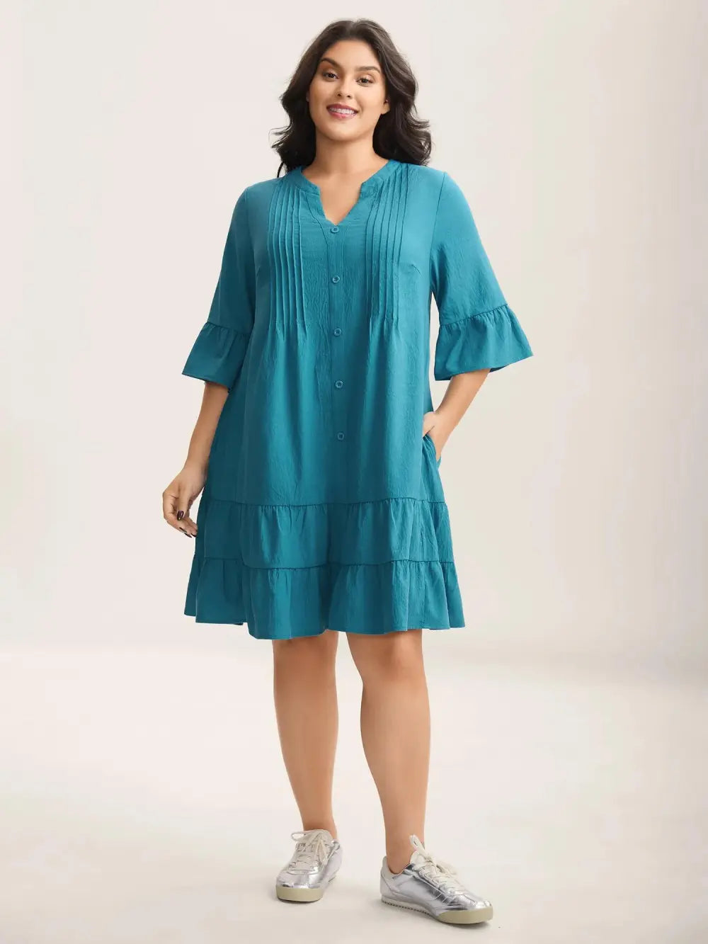 Toothpick Pleat Relaxed Fit Tiered Midi Dress