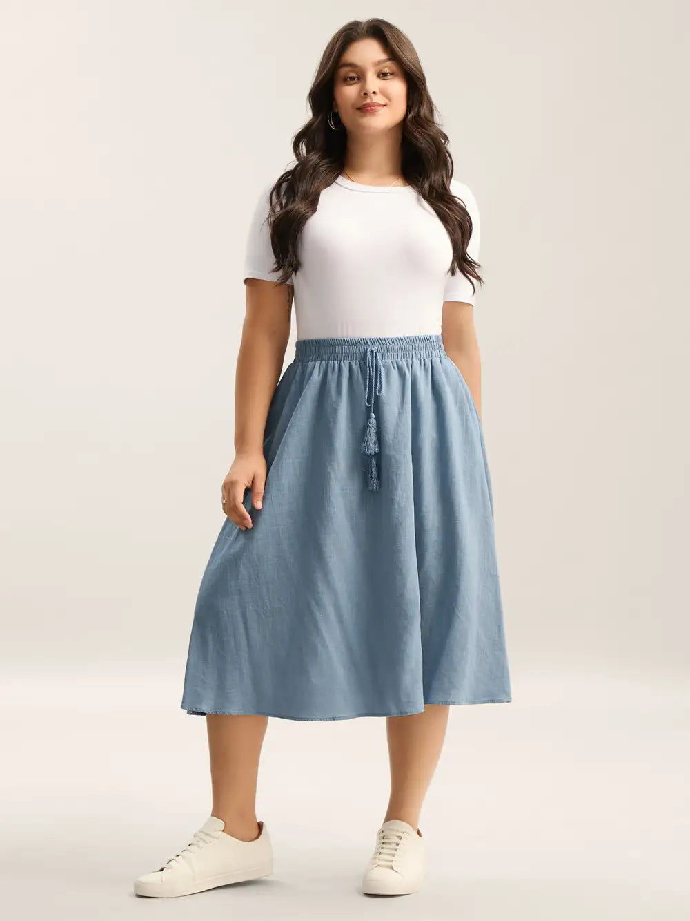 Waist-Tie Tassel Plain Maxi Skirt