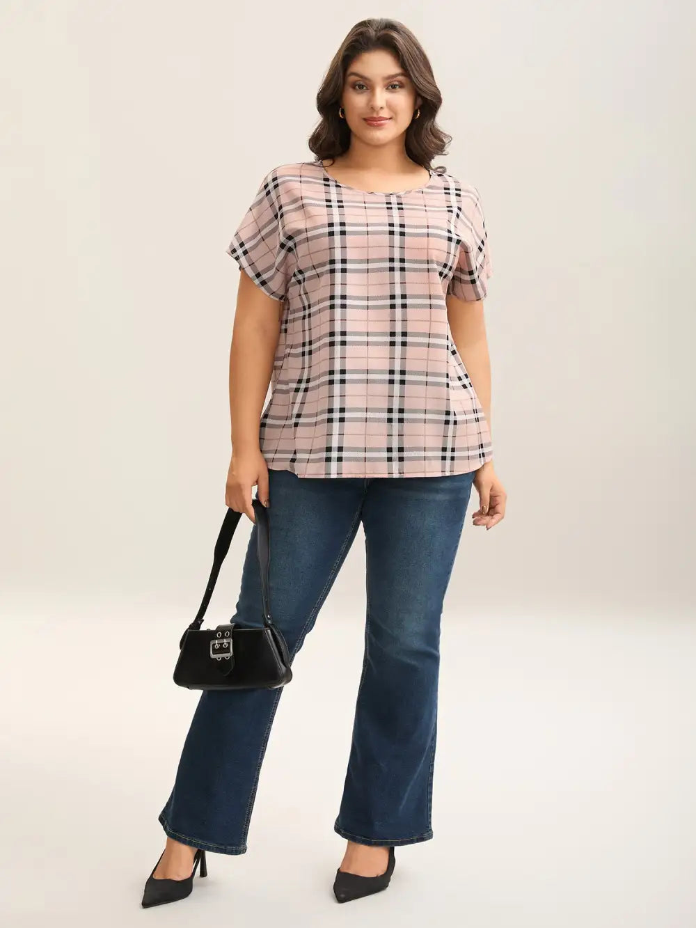 Plaid Pattern Round Neck Flared Shirt