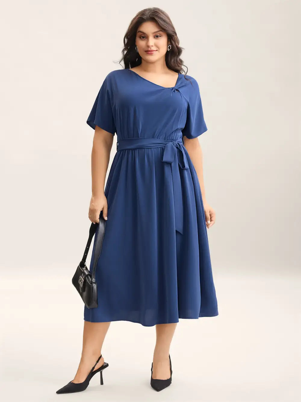 Keyhole Belted Pockets Plain Midi Dress