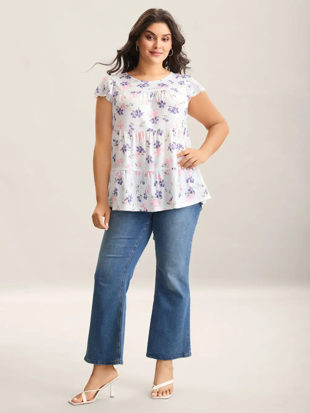 Floral Print Flutter Sleeve Layered T-Shirt