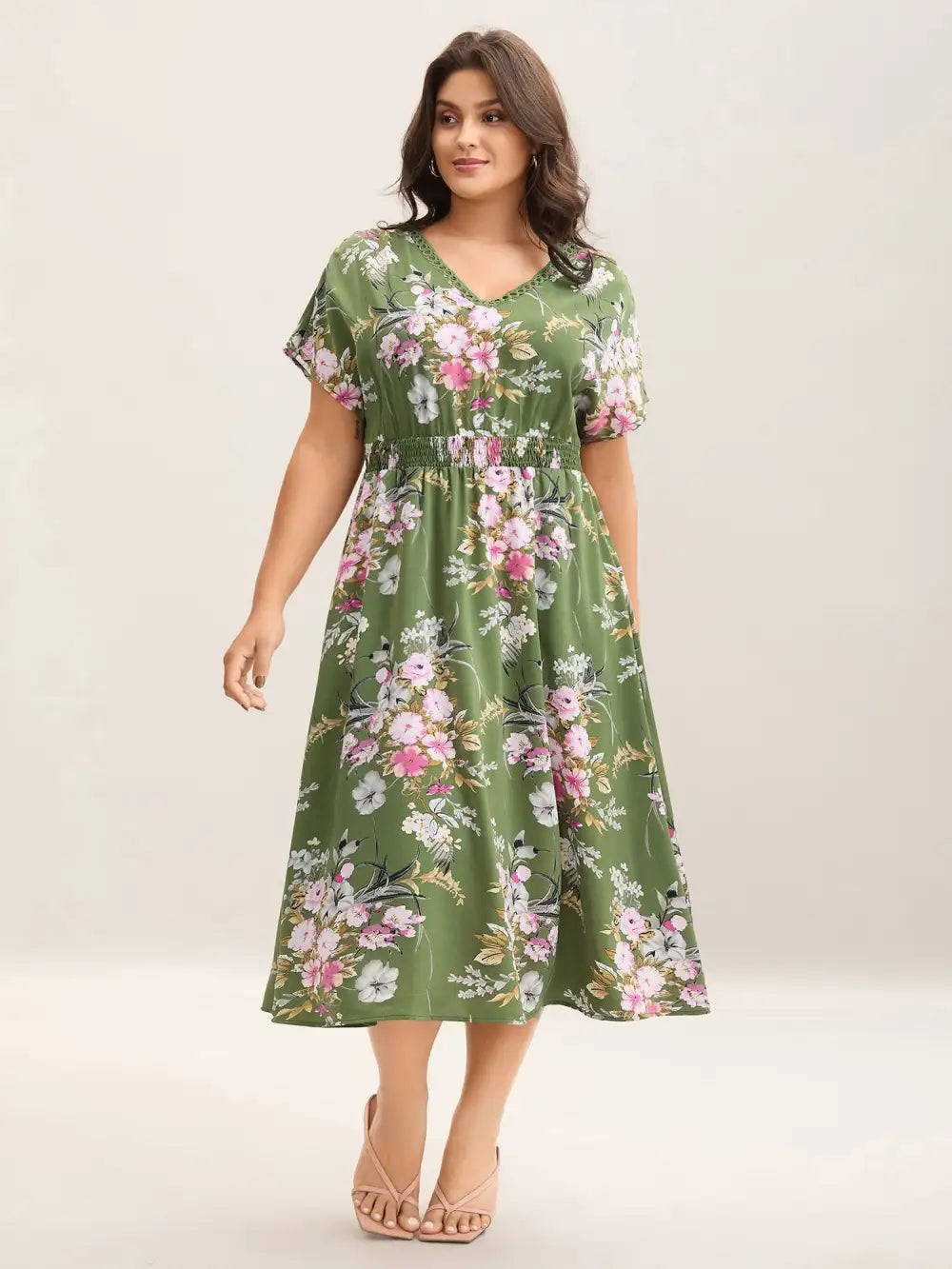 Floral Print Lace Trim Pockets Maxi Dress