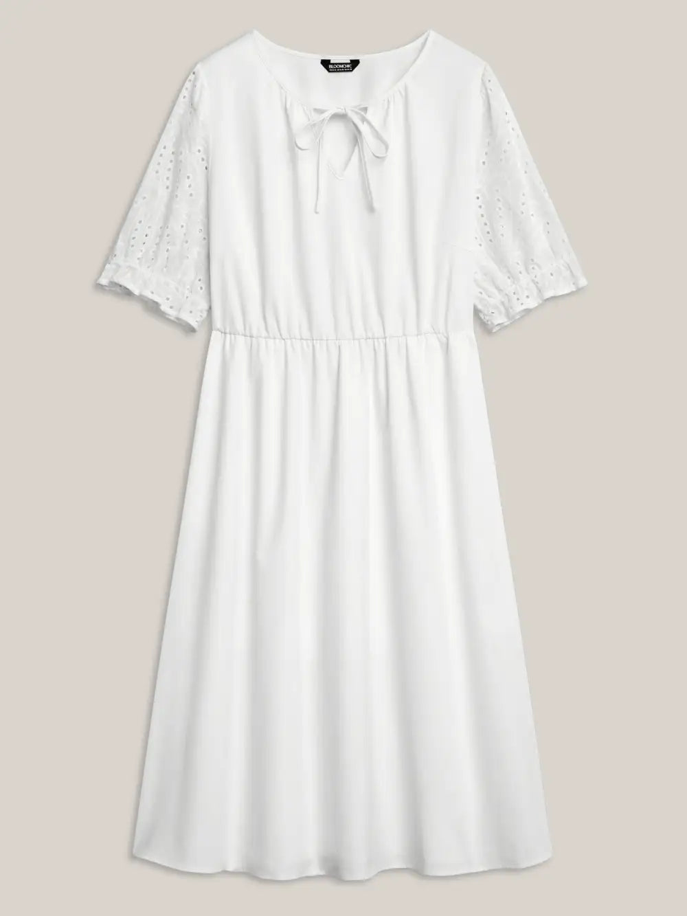 Textured Eyelet Sleeve Pockets Midi Dress