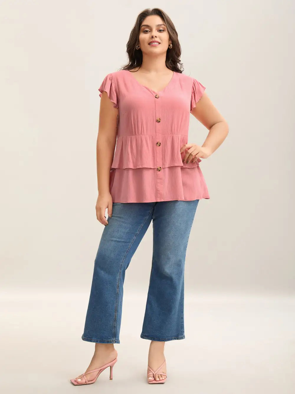 Rayon Ruffled Layered Hem Button Blouse
