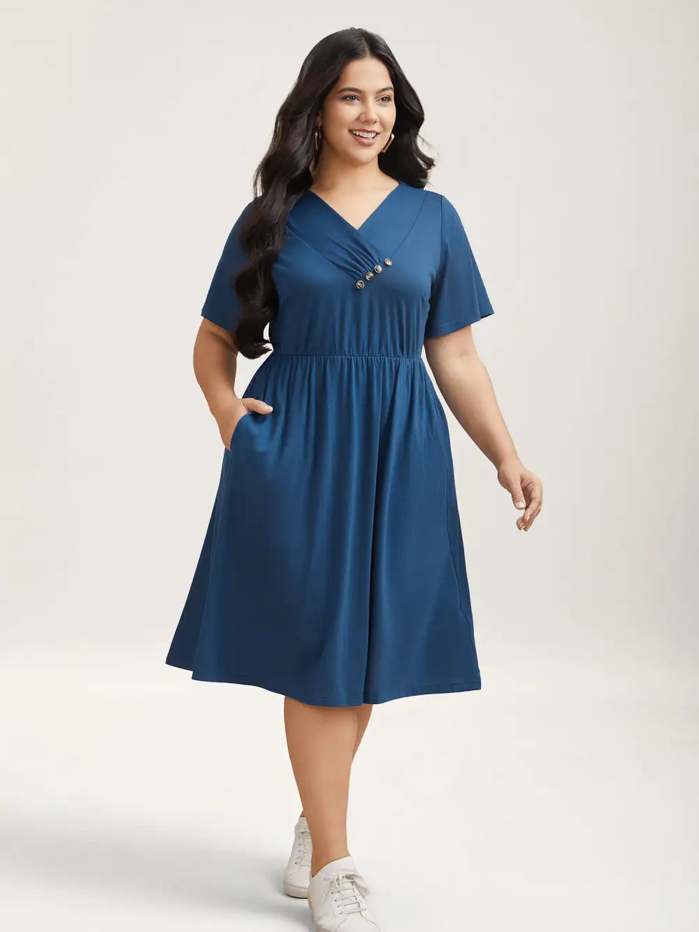 Button Detail Pleated Pockets Midi Dress