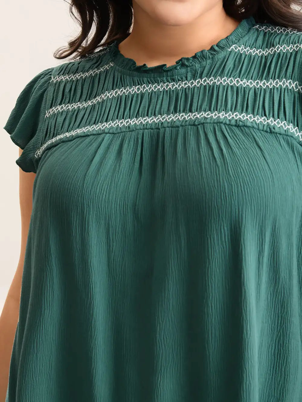 Rayon Shirred Neck Flutter Sleeve Tiered Blouse