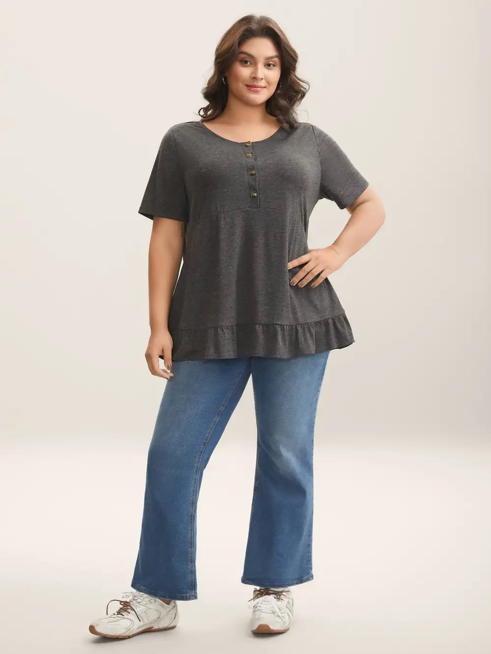 Button Detail Ruffled Hem Babydoll T-Shirt