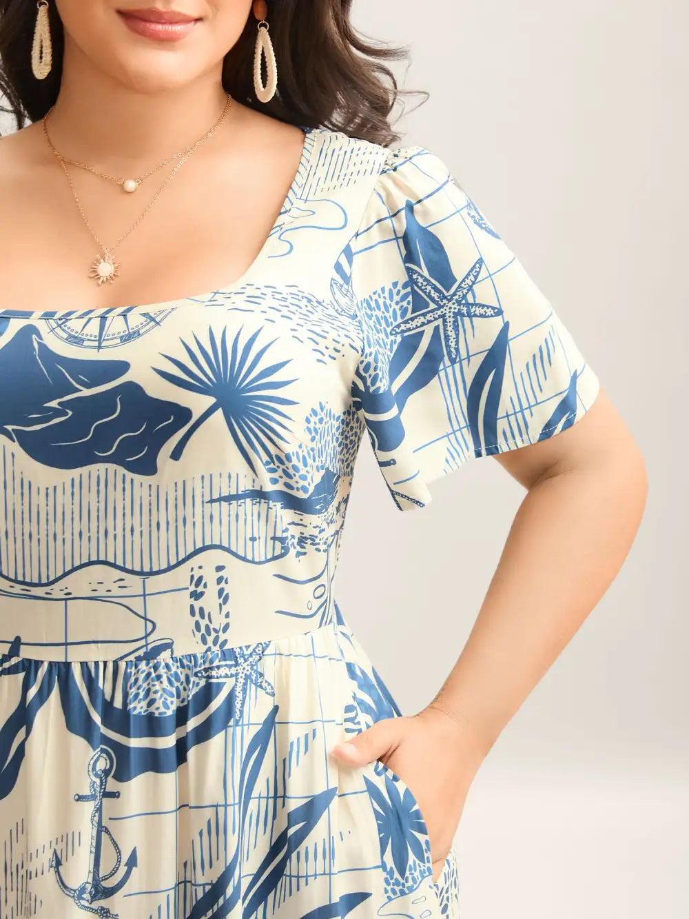 Ocean Symphony Print Pockets Midi Dress