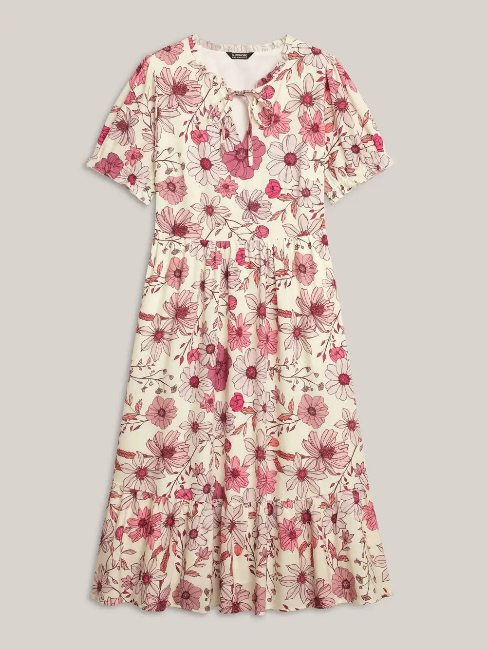 Floral Print Neck Tie Tiered Maxi Dress