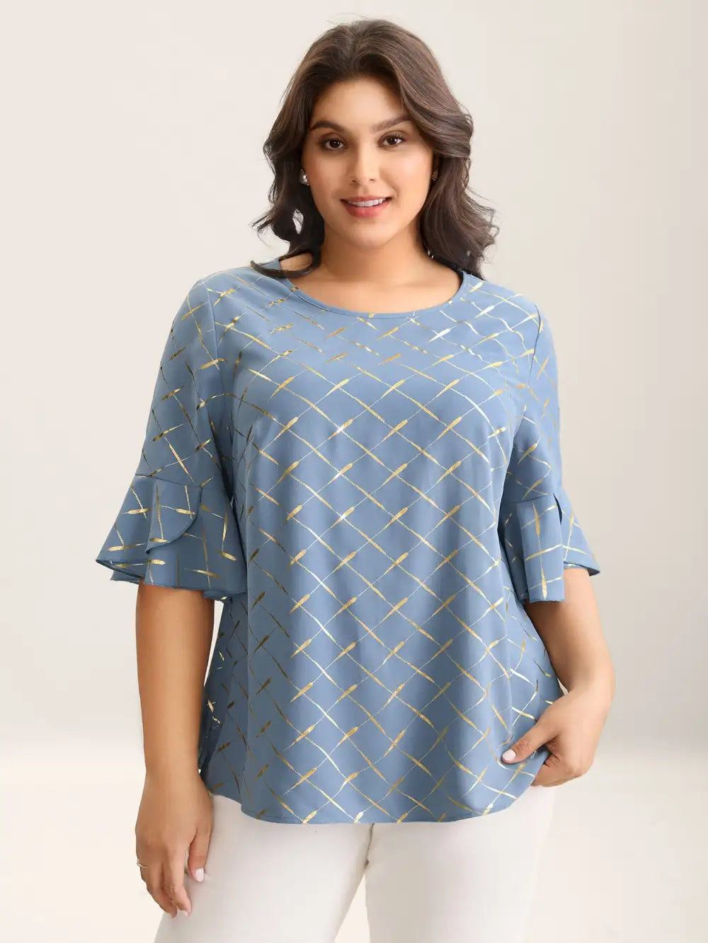 Glitter Plaid Ruffle Sleeve Blouse